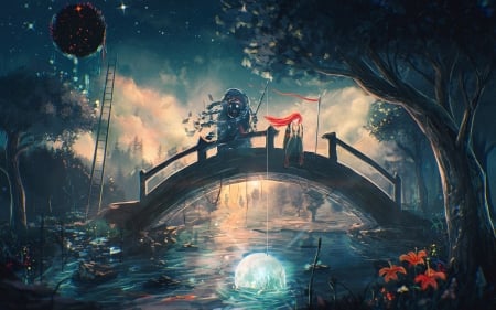 Magical Bridge - flowers, river, artwork, mystic