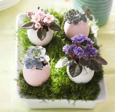 Floral decoration - eggs, flowers, easter, arrangement, green, small, plants, grass