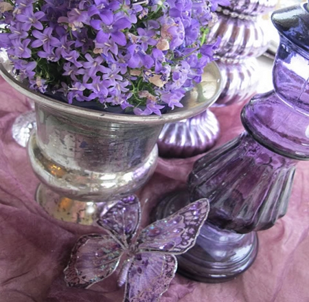 Purple table decoration - pot, purple, decor, silver, butterfly, table, flower, still life