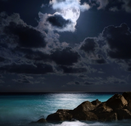 FULL MOON - moon, sky, ocean, clouds, rocks