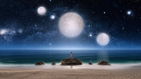 STAR GAZER - PLANETS, BEACH, STARGAZER, SKY, MOONS, FEMALE, OCEAN, NIGHT