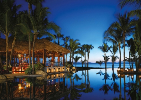 Swimming Pool Beside The Beach - swimming pool, mexico, palm trees, beach, summer, vacations, evening, reflection, beautiful, blue, resort