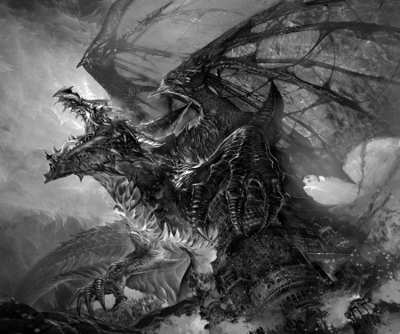 Fury of Dragon - beauty, fantasy, buildings, black, white, art, abstract, grey, fury, beautiful, dragon, city