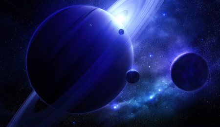 BLUE SATURN - PLANETS, SATURN, SPACE, SKY, RINGS, BLUE, STARS