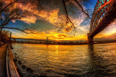 View of Bridge at Sunset - bridges, oceans, nature, sunsets, lakes