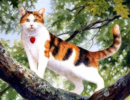 Cat in a Tree - love four seasons, trees, animals, cats, draw and paint, paintings, lovely, cute