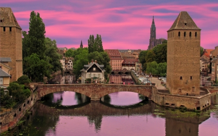 Sunset over Alsace, France - sky, buildings, reflections, cityscapes, alsace, france, sunsets, architecture, bridges, landscapes