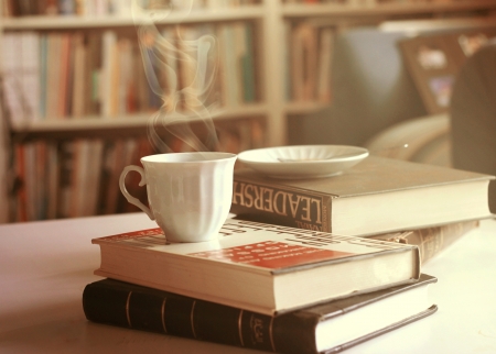 Time to relax - library, coffee, hot, tea, books, drinks, cup