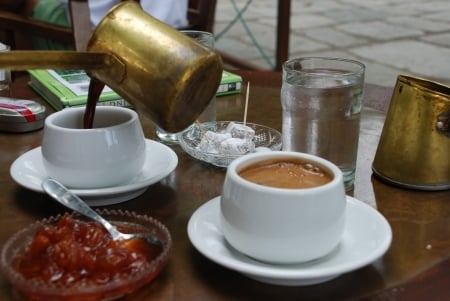 Coffee and sweets - cups, coffee, hot, time, two, cafe, coffee pot, sweets