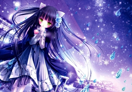 Lolita - tikle, purple, rain, anime, girl, original, dress, blue, manga, drops