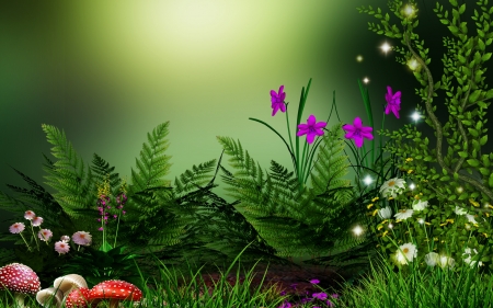 Entering Fairyland - mushrooms, plants, flowers, artwork