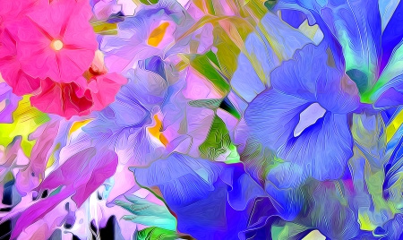 Flowers - flower, iris, pink, poster, painting, blue, art