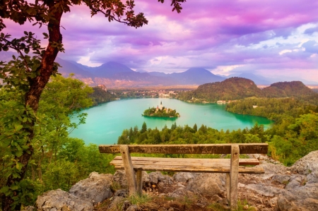 Lake Bled - hills, Slovenia, beautiful, island, travel, colors, rest, view, bench, destination, lake, sky, Bled