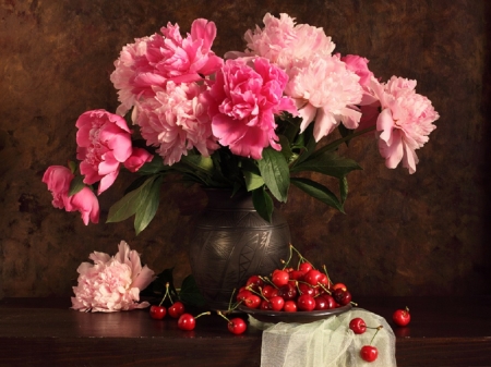 beautiful peonies and cherries - flowers, cherries, beautiful, pink, still life, peonies