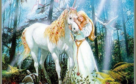 lady and fantasy friend - white, lady, lovely, unicorn