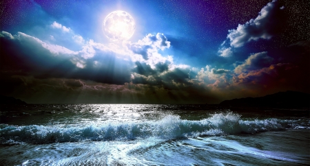 MOONLIGHT - MOON, CLOUDS, SKY, WAVES, OCEAN, NIGHT, MOONLIGHT, STARS