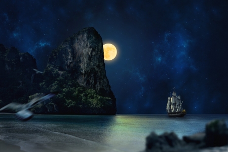 UNCHARTED TERRITORIES - MOON, BEACH, MOUNTAINS, SKY, SHIP, OCEAN, NIGHT, STARS