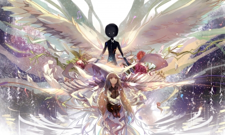 Angel Of Music - pretty, anime, female, angel, light, pink, music, purple, art, notes, anime girl, beautiful, girl, beauty, lovely, glow, white, lady, woman, soft, wings, feathers