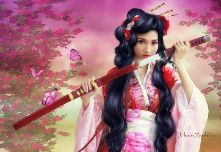 Geiko - sword, beautiful, pinks, brunette, long hair, butterflies, fantasy, japanese, woman