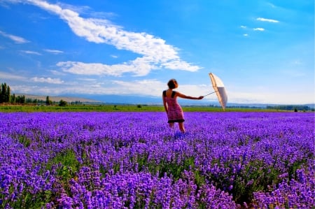 SPRING BREEZE - field, spring, lavender, girl, umbrella