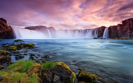 Icelandic Waterfall - sunsets, sky, clouds, iceland, waterfalls, nature