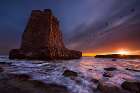 Morning Sky - rocks, water, clouds, sunset, sea, sun