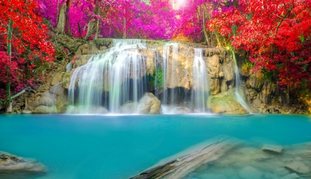 Erawan Waterfall, Thailand - trees, blossoms, river, colors, rocks