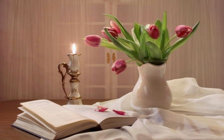 Still Life - candle, book, tulips, flowers, vase