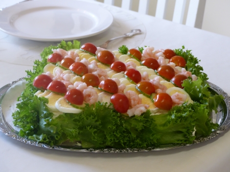 Sandwish Layer Cake - tomatoes, kitchen, salad, chair, table, color, food, egg, plate