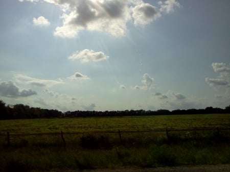 Quiet Afternoon Drive - fields, green, sunny, clouds