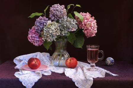 Still Life - flowers, table, hydrangeas, glass