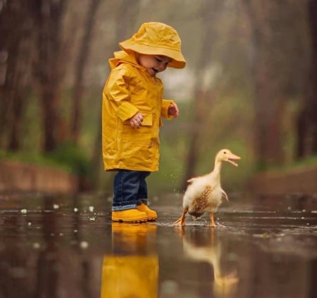 Rainy day - cute, gooosling, kid, rain