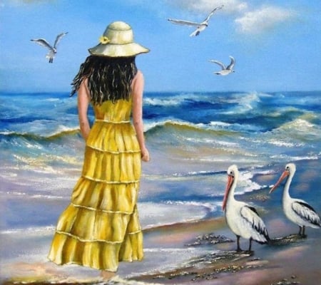 Painting - painting, beach, seagulls, girl