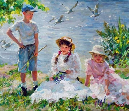 Painting - boy, girls, picnic, painting