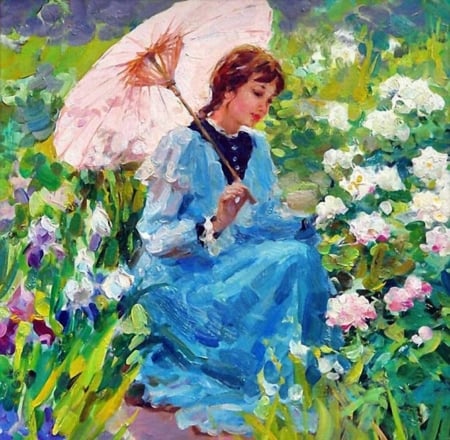 Painting - flowers, painting, girl, blue