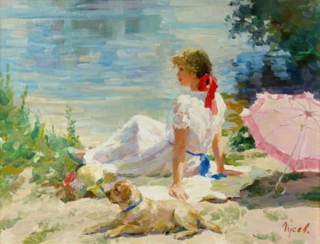 Painting - painting, abstract, girl, dog