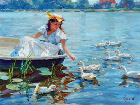 Painting - painting, girl, birds, art