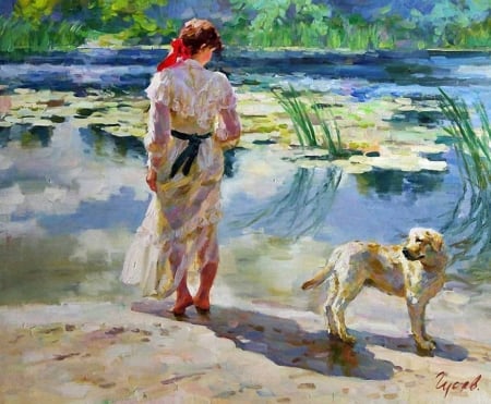 Painting - painting, art, girl, dog