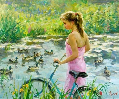 Painting - painting, art, girl, dog, birds