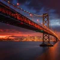 Sunset over Oakland Bay Bridge in San Francisco