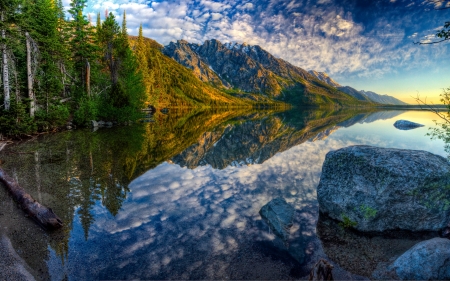 Jenny Lake, Wyoming - trees, reflection, forest, hills, clouds, usa