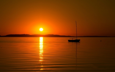 Sunset over the island - lagoon, sunset, boat, river