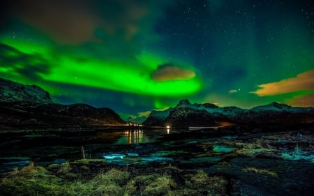 Northen Lights over mountains - night, water, mountains, lights