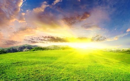 Bright day - cloud, skies, grass, sun