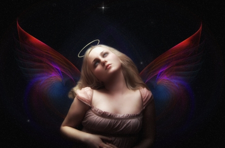 ANGEL OF STARLIGHT - WINGS, FEMALE, HALO, ANGEL, STARS