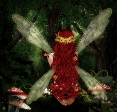 FAIRY - mushrooms, female, forest, red, hair, wings, fairy