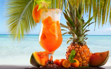 Summer Drink - sea, pineapple, fruits, glass, palm