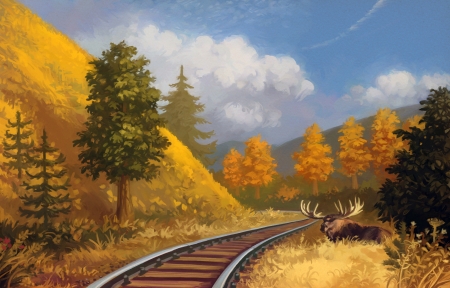 Fall Moose - fall, train tracks, painting, moose