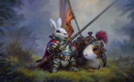 Sir Rabbit And His Might Steed - fantasy, guinea pig, bunny, knight, banner