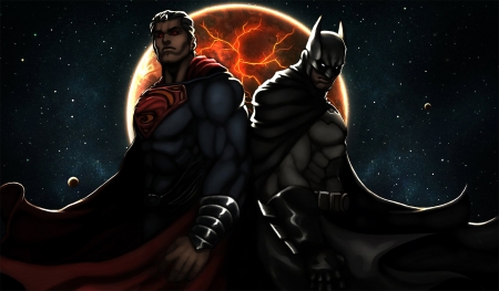 Superman And Batman - batman, superman, dc, red moon